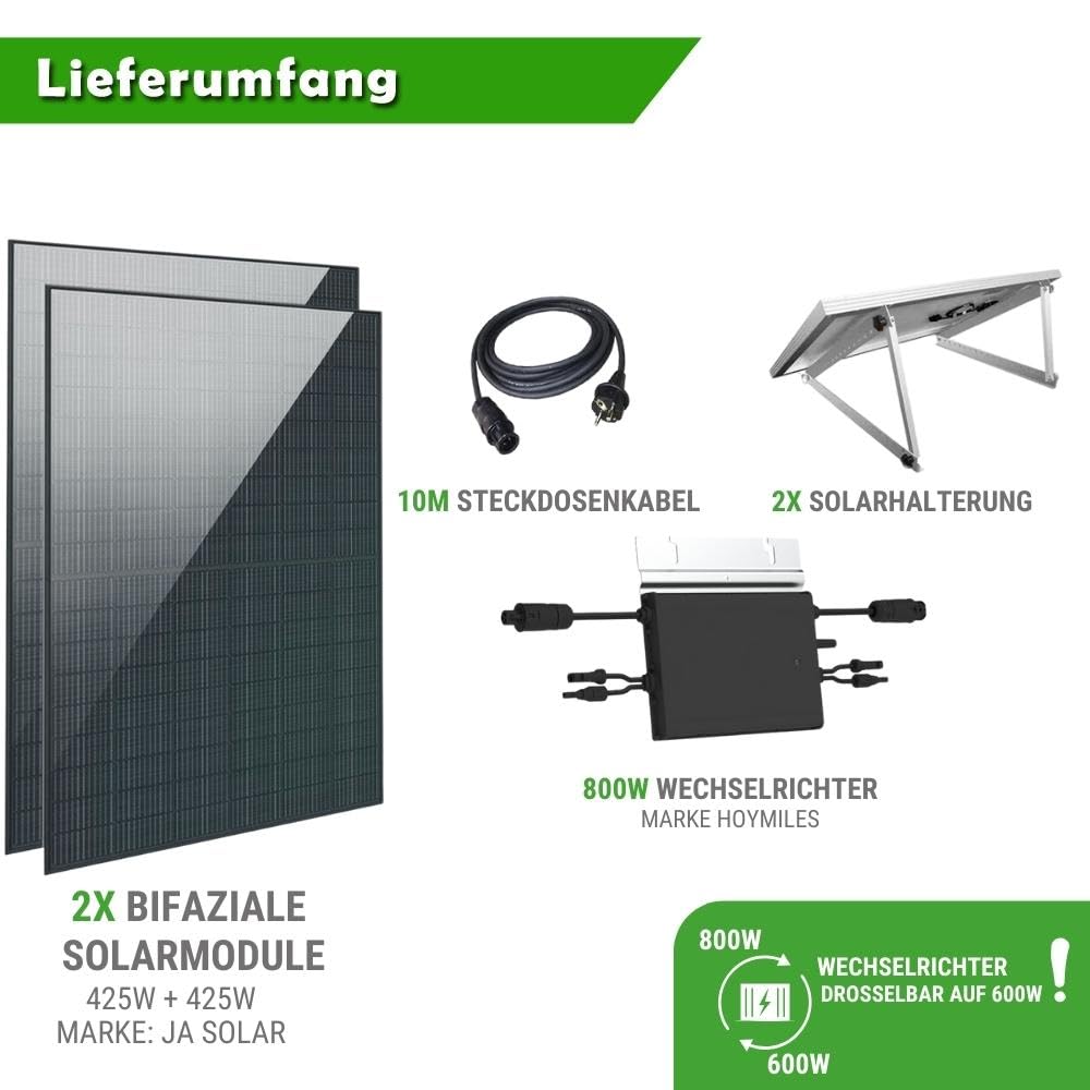Set 60 - Balkonkraftwerk bifazial - 800W + 10m Betteri Kabel + Flachdach-Halterung