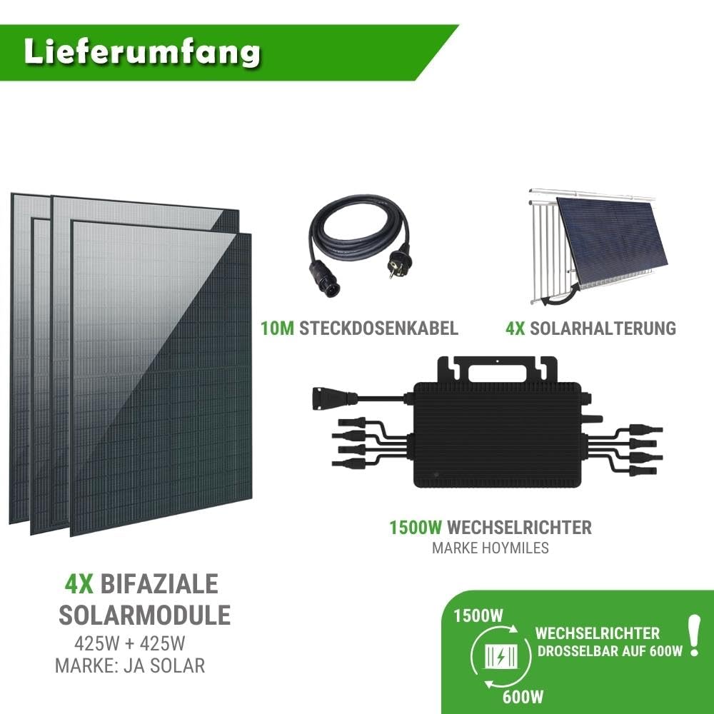 Set 65 - Balkonkraftwerk bifazial - 4x Solarmodule - 1500W + 10m Betteri Kabel + Solarmodul-Halterung