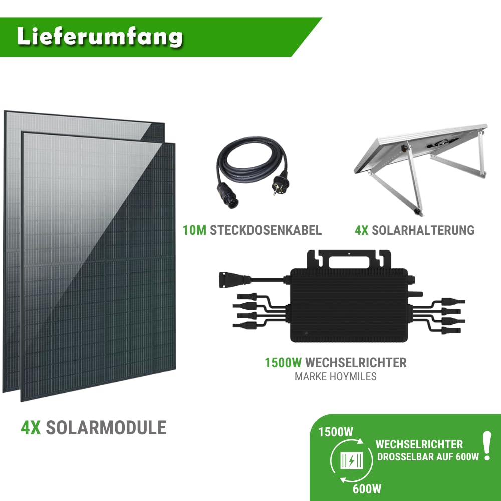Set 54 - Balkonkraftwerk - 4x Solarmodule - 1500W Wechselrichter + 10m Betteri Kabel + 2x Flachdach-Halterung