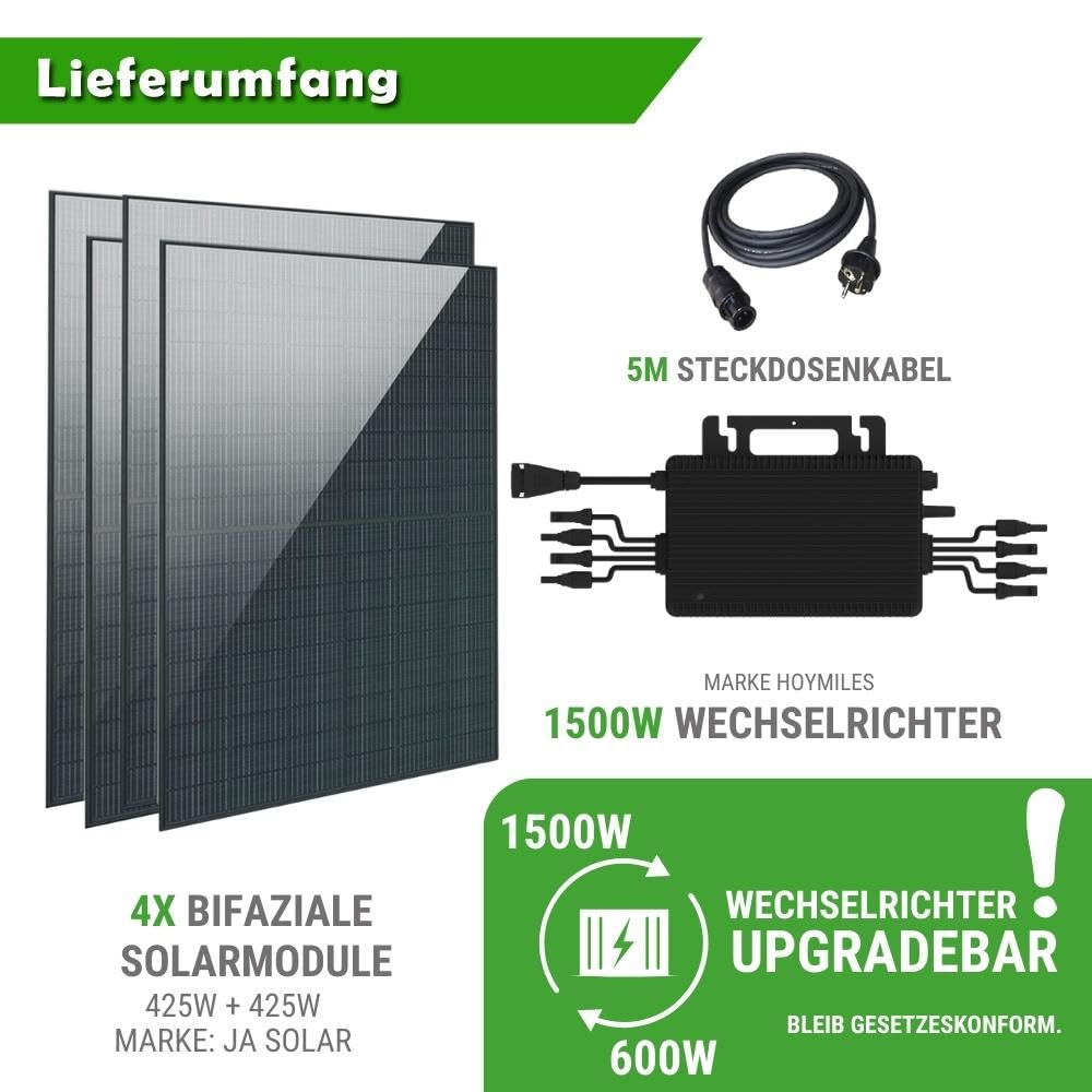 Set 61 - Balkonkraftwerk bifazial - 4x Solarmodule - 1500W + 5m Betteri Kabel