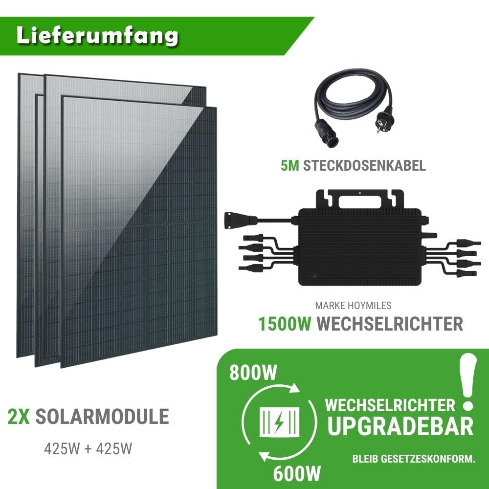 Set 47 - Balkonkraftwerk - 4x Solarmodule - 1500W Wechselrichter + 5m Betteri Kabel