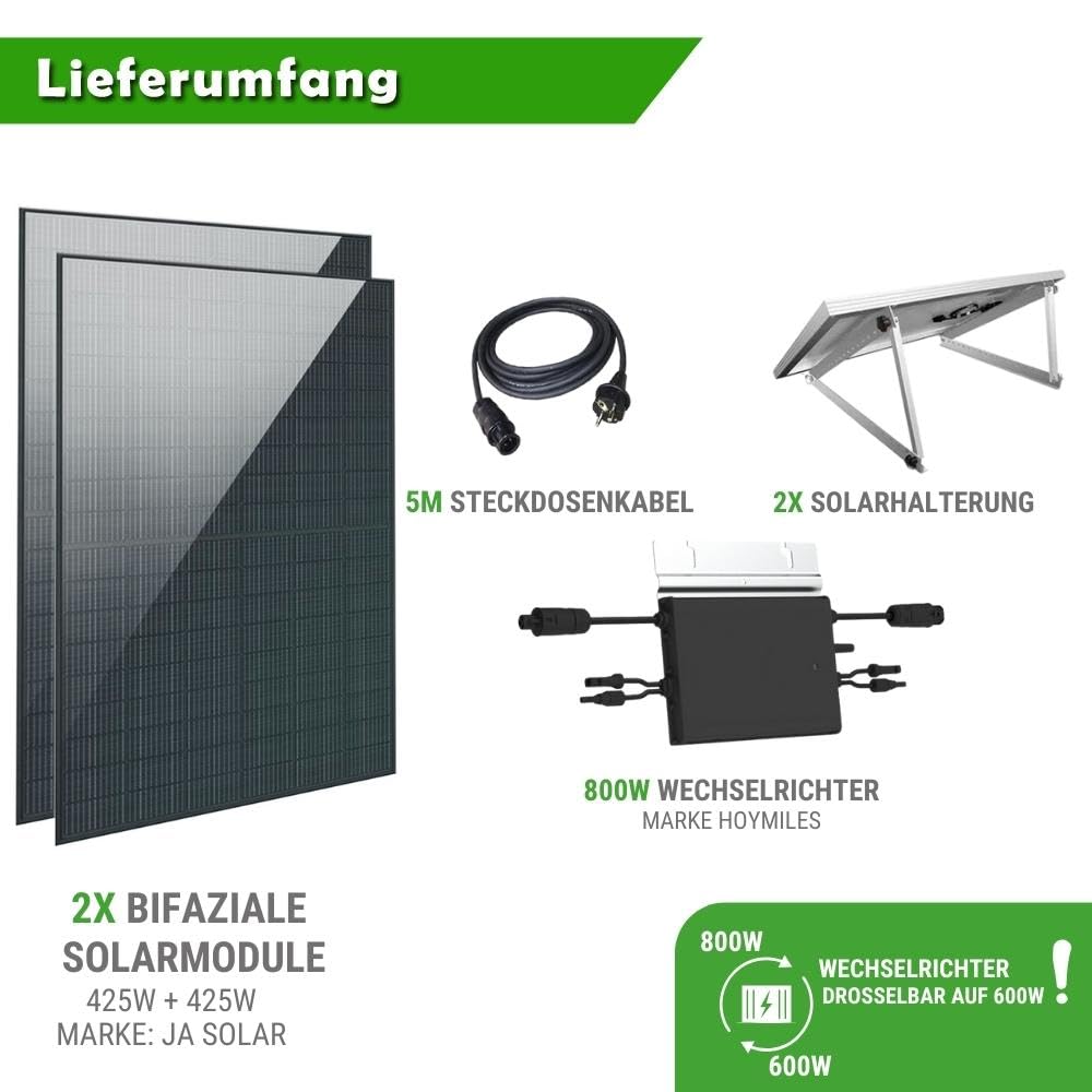 Set 57 - Balkonkraftwerk bifazial - 800W + 5m Betteri Kabel + Flachdach-Halterung