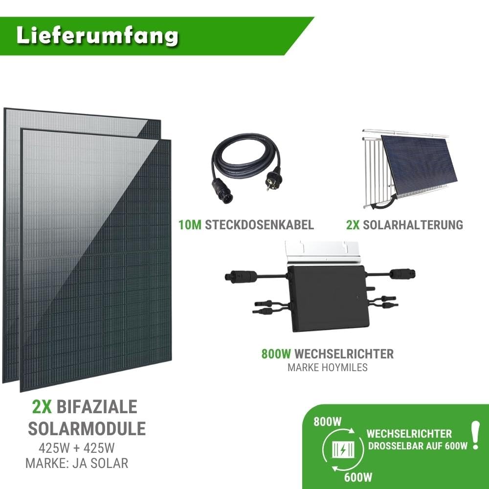 Set 59 - Balkonkraftwerk bifazial - 800W + 10m Betteri Kabel + Solarmodul-Halterung