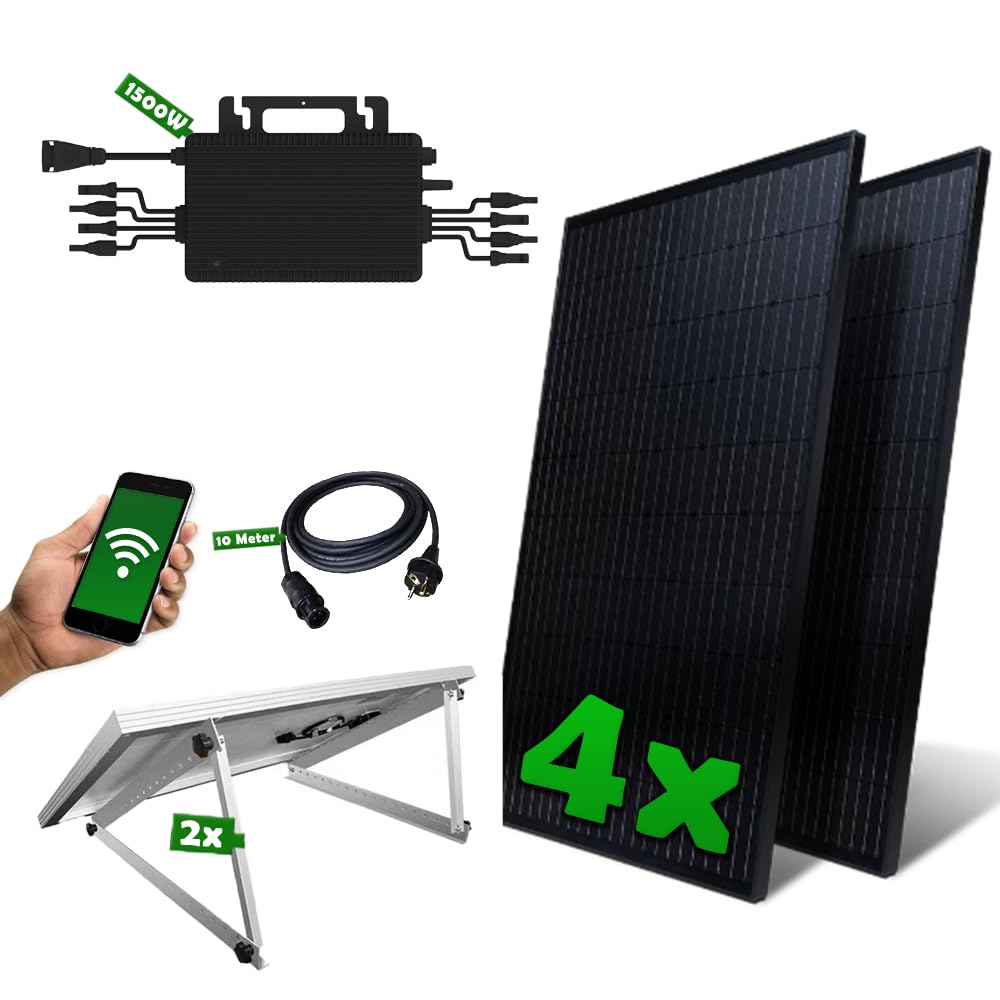 Set 54 - Balkonkraftwerk - 4x Solarmodule - 1500W Wechselrichter + 10m Betteri Kabel + 2x Flachdach-Halterung